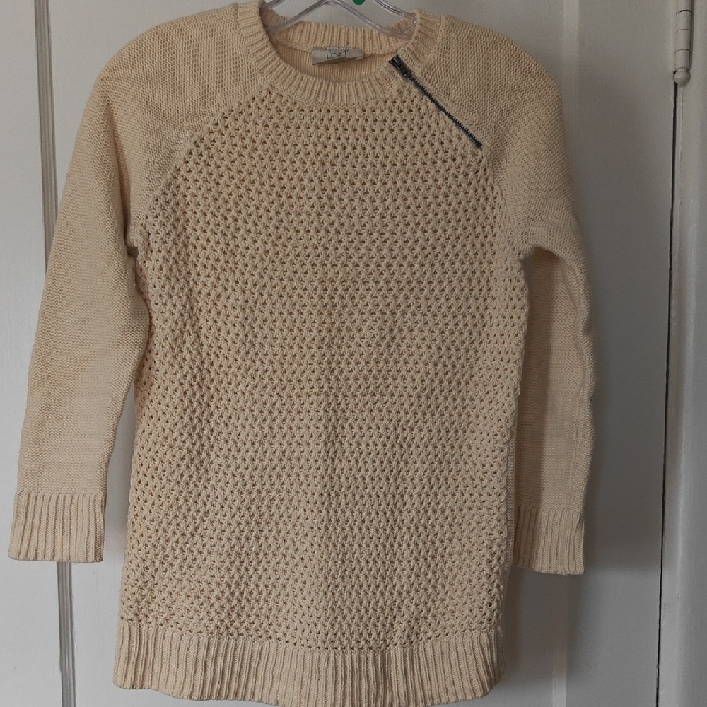LOFT Cream Crewneck Sweater with Shoulder Zip